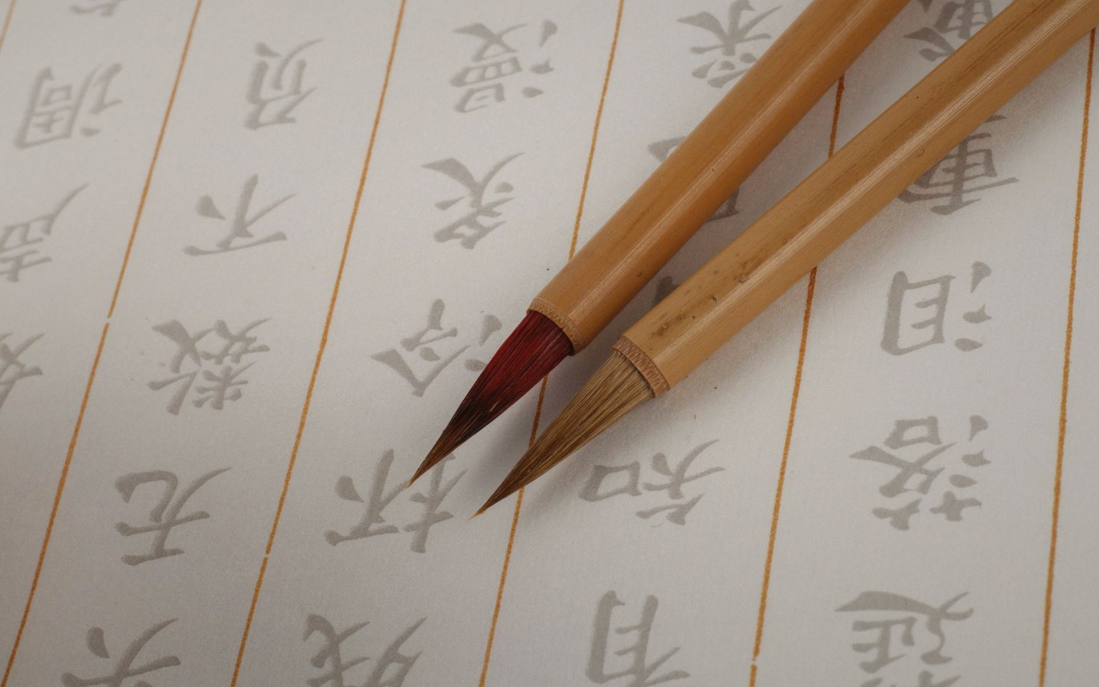 Two bamboo calligraphy brushes resting on paper printed with Chinese characters