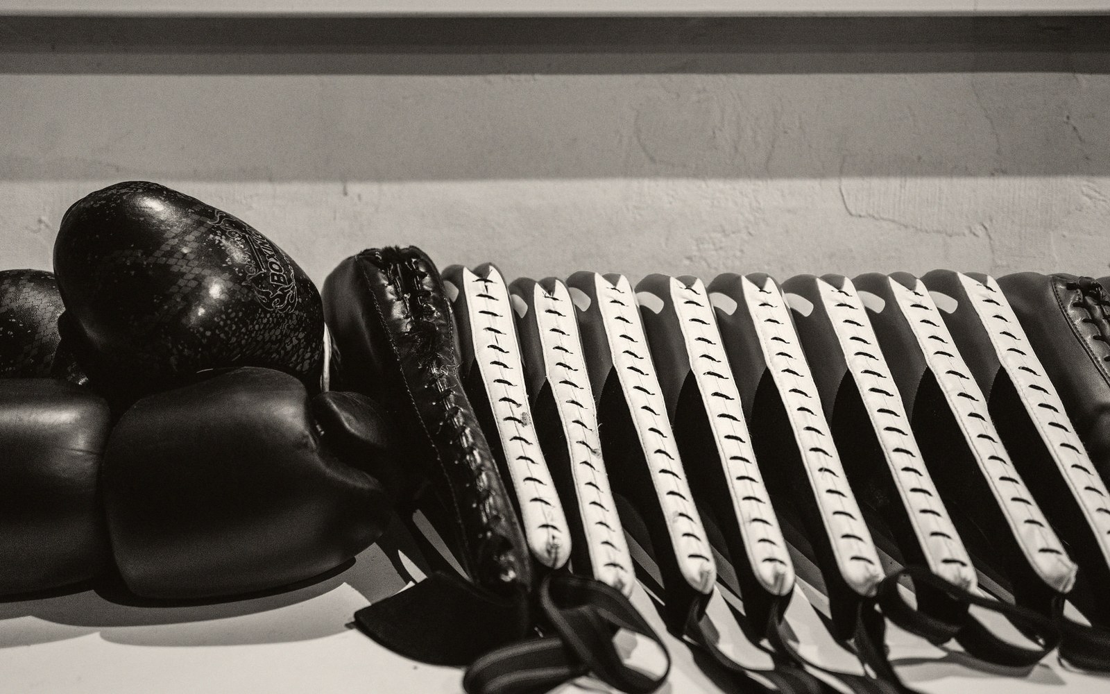 Row of black leather boxing gauntlets with white laced straps lined up on a shelf