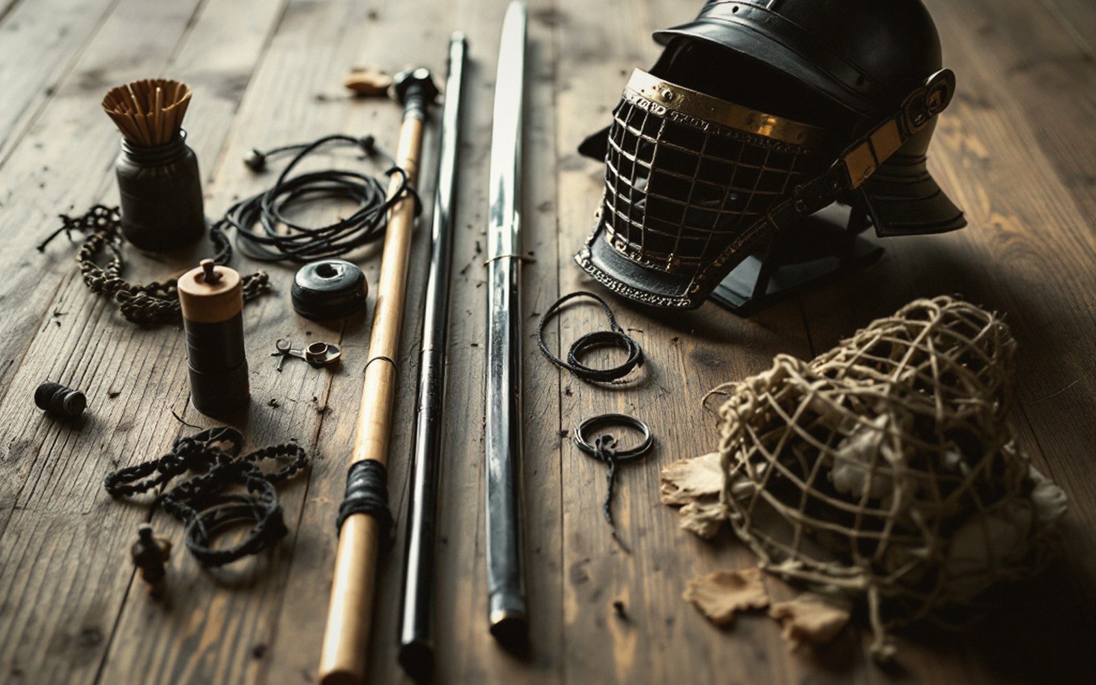 A caged helmet, sword, staves, cords and beads arranged on a wooden table