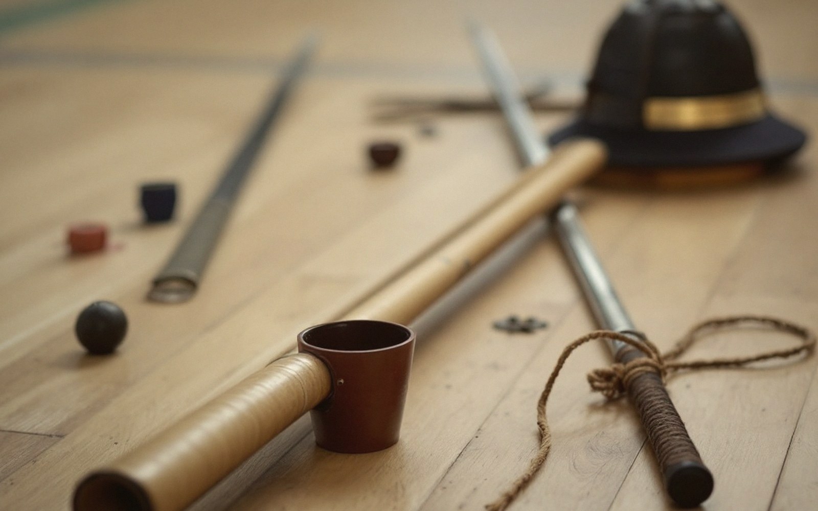 Wooden practice sticks with a leather tip cap, cord, and helmet on a floor